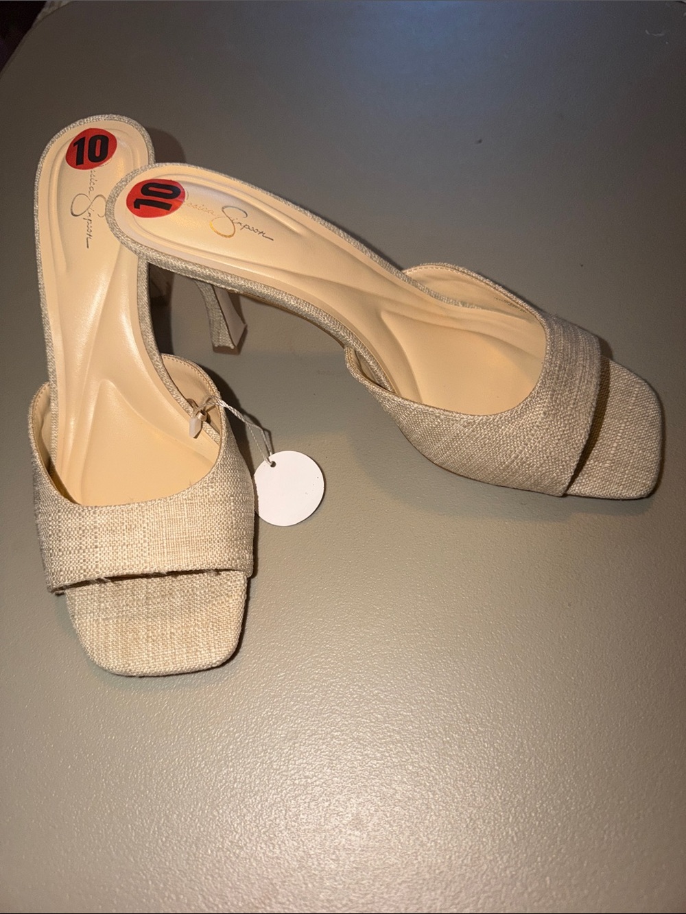 Jessica Simpson Beige Linen Square-Toe Mule Heels size 10 4 inch heels